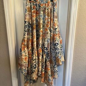 Three Bird Nest Floral A-Line Skirt - Orange, Blue, Cream